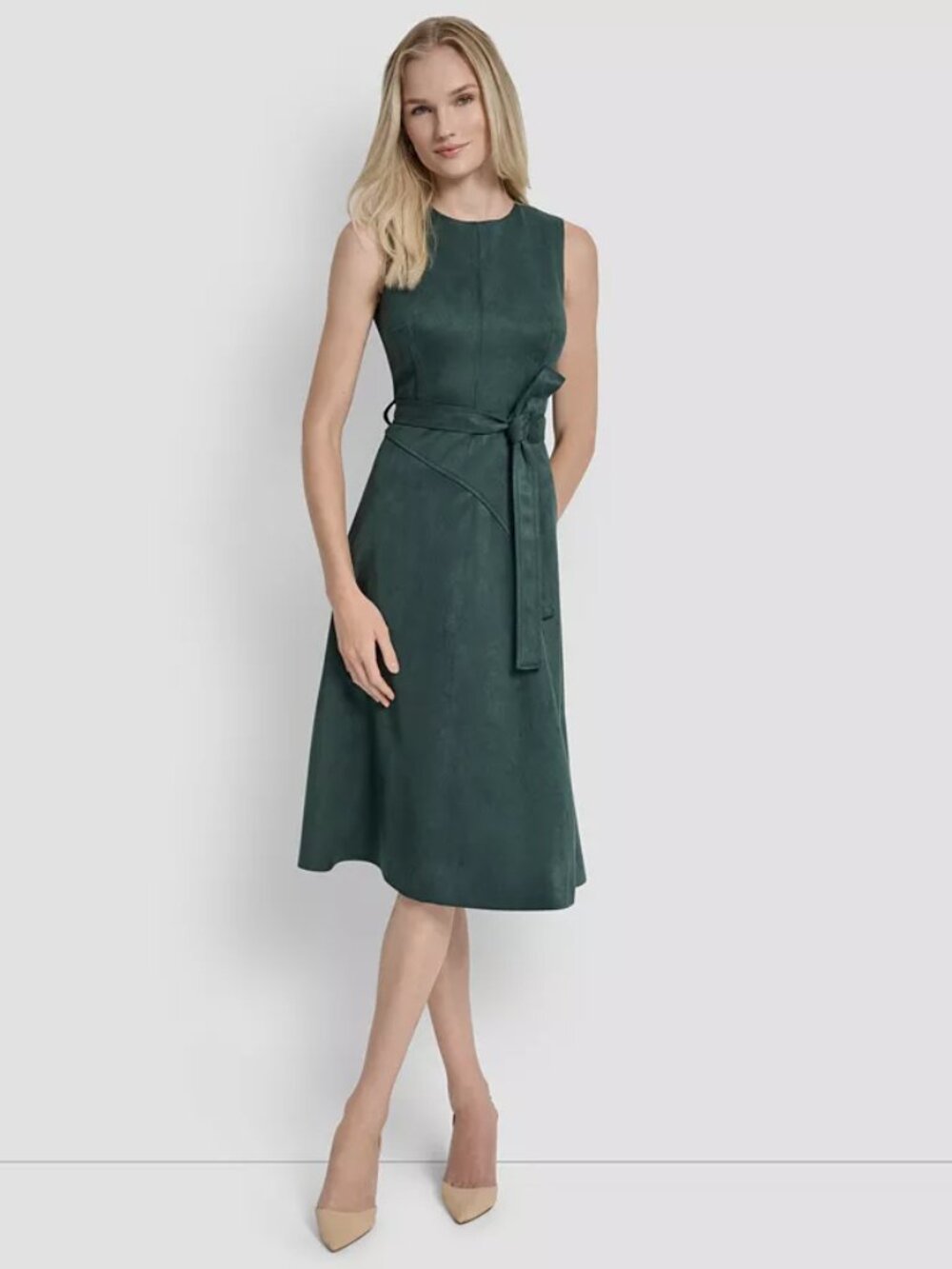 DKNY Sleeveless Crew Neck Solid Suede A-Line Fit & Flare Dress, Emerald, 8